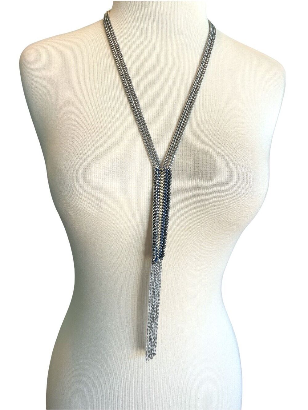 Stella & Dot Tessa Fringe Necklace Lariat Silvertone Blue Steel Chain